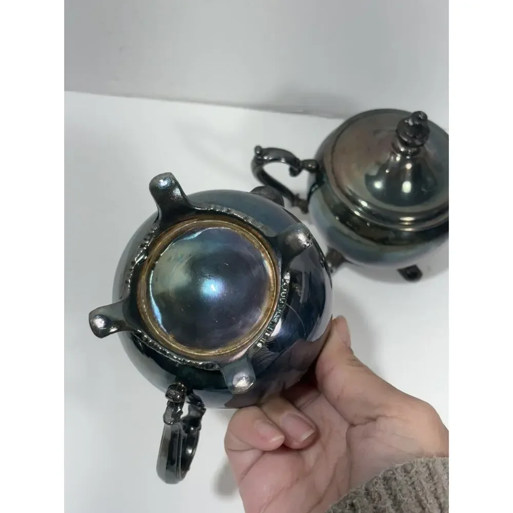 Vintage MCM Silver Plated Creamer and Lidded Sugar Set Inner Pearled Silverplate